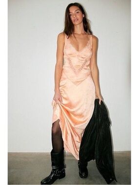 NWT Free People Maybe Forever Maxi Dress - Bellini Lace Satin Slip